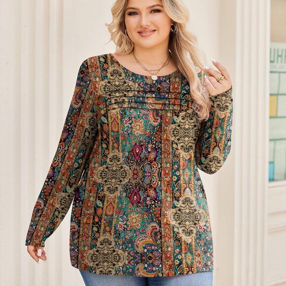 Plus Size Long Sleeve Tops for Women Fall Crewneck Shirts Pleated Casual Dressy - Picture 3 of 4